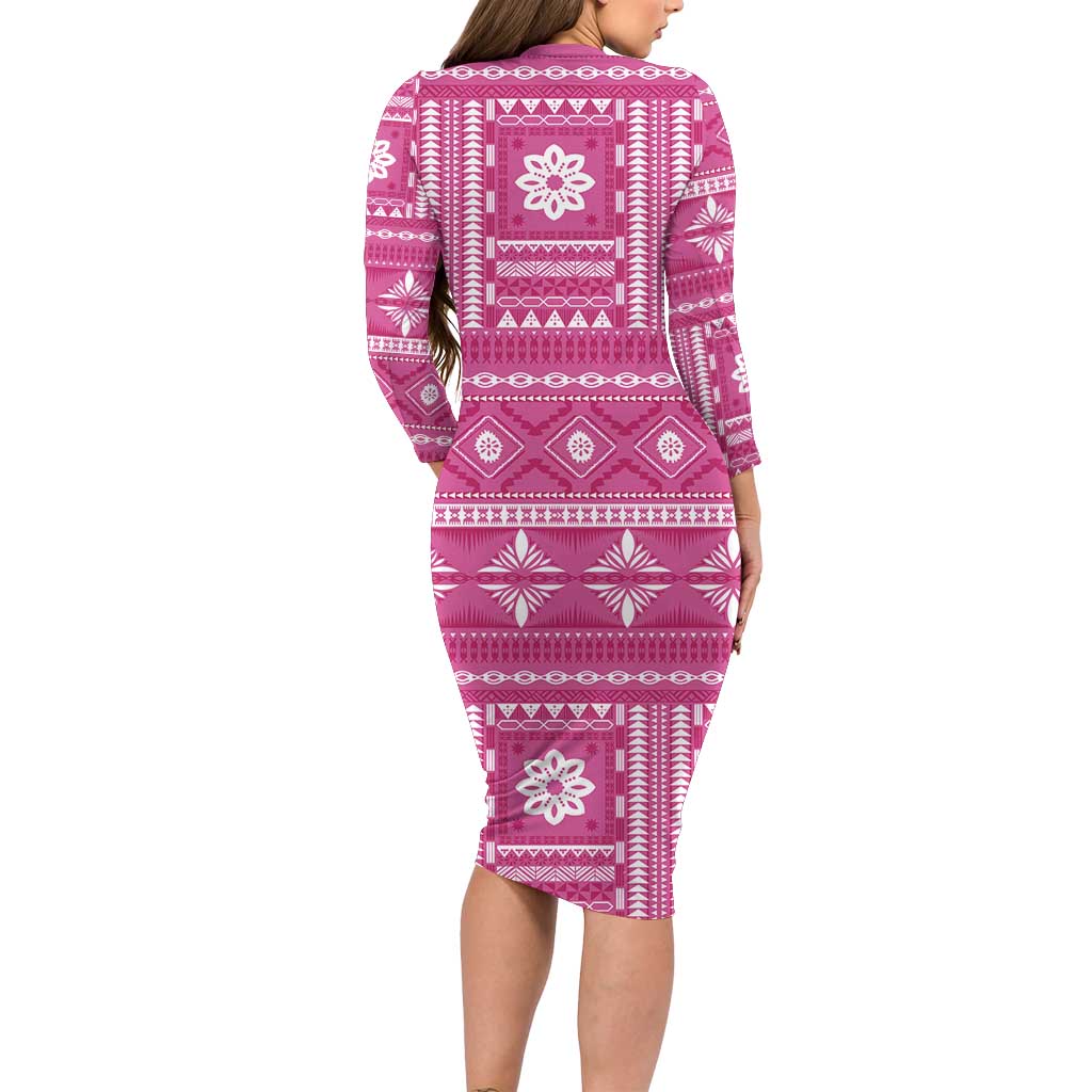 Fiji Masi All Pink Long Sleeve Bodycon Dress Tapa Pattern - Polynesian Pride