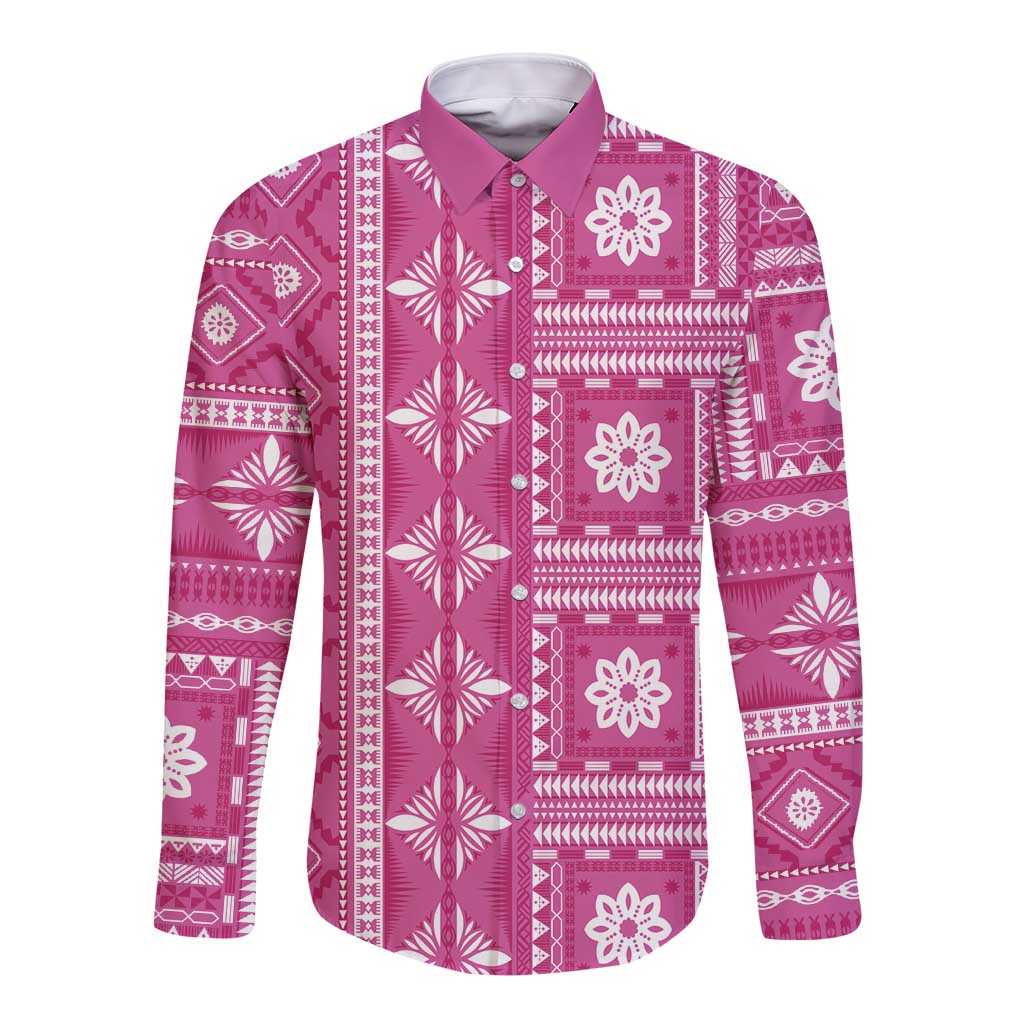 Fiji Masi All Pink Long Sleeve Button Shirt Tapa Pattern - Polynesian Pride