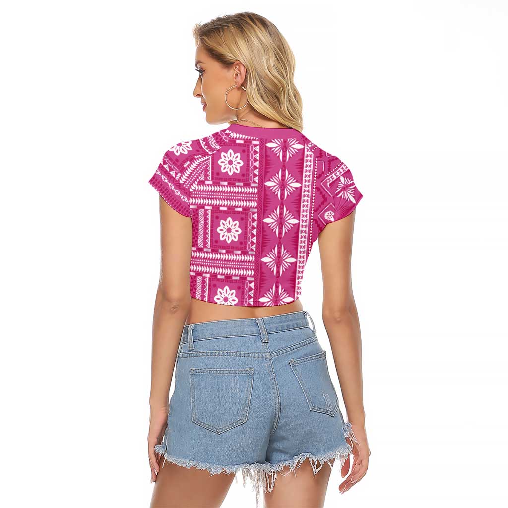Fiji Masi All Pink Raglan Cropped T Shirt Tapa Pattern - Polynesian Pride