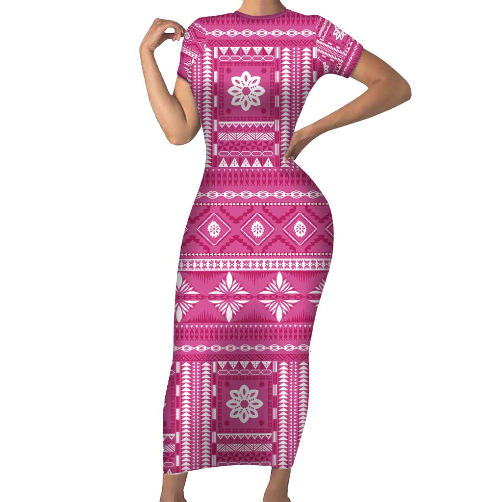 Fiji Masi All Pink Short Sleeve Bodycon Dress Tapa Pattern LT01 Long Dress Pink - Polynesian Pride