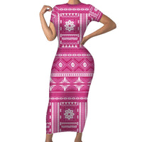 Fiji Masi All Pink Short Sleeve Bodycon Dress Tapa Pattern LT01 Long Dress Pink - Polynesian Pride