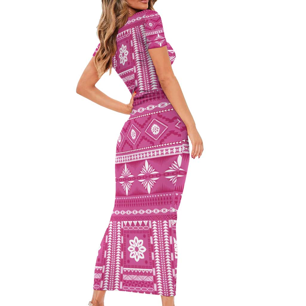 Fiji Masi All Pink Short Sleeve Bodycon Dress Tapa Pattern LT01 - Polynesian Pride