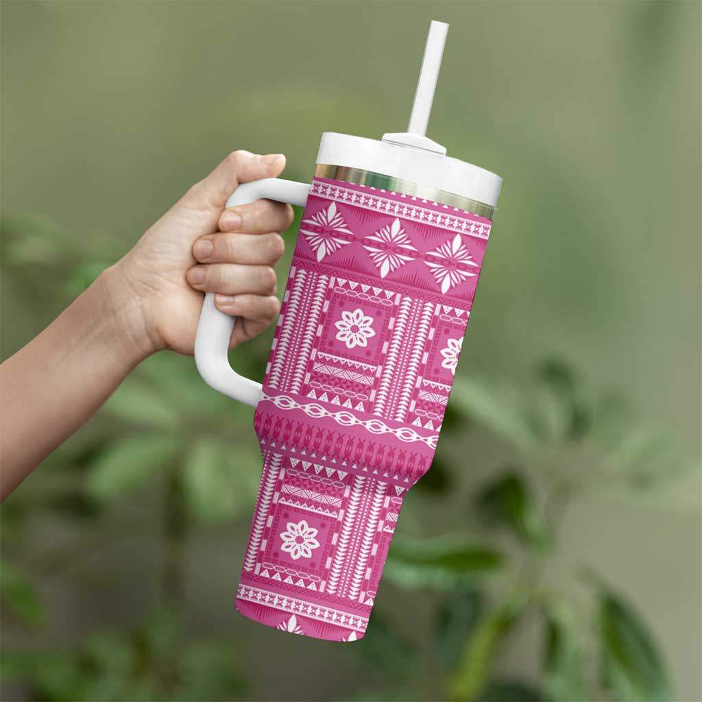 Fiji Masi All Pink Tumbler With Handle Tapa Pattern - Polynesian Pride