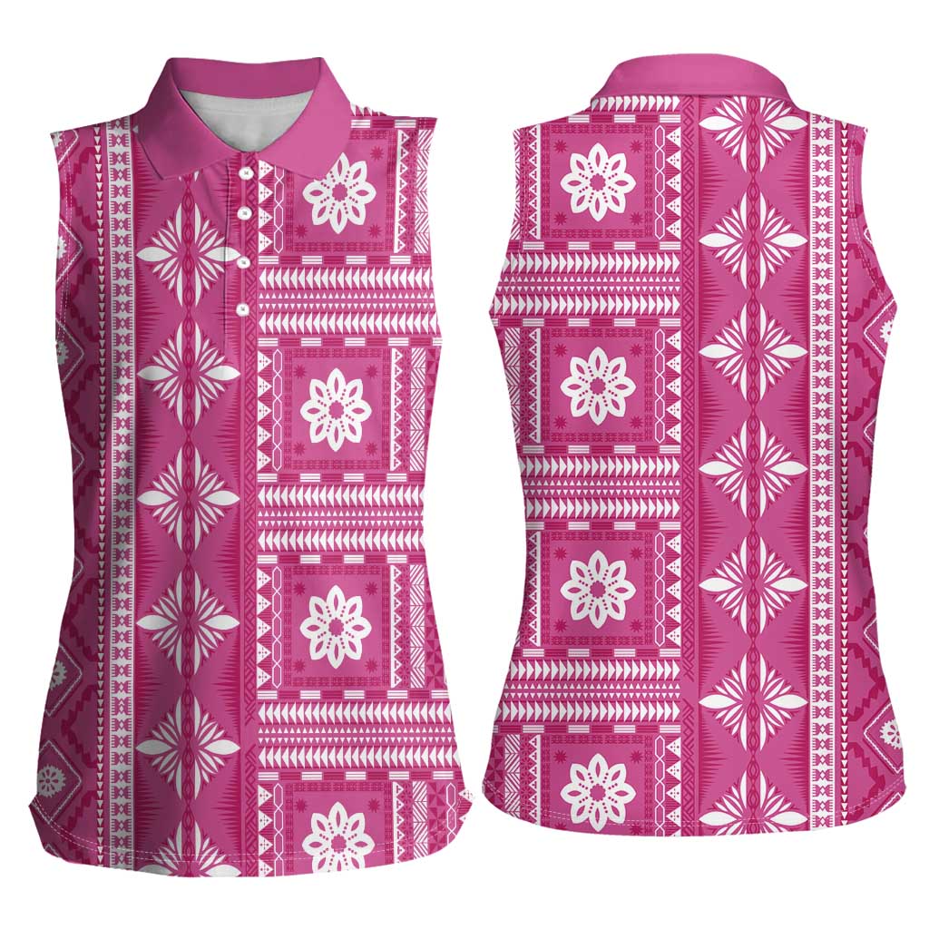 Fiji Masi All Pink Women Sleeveless Polo Shirt Tapa Pattern - Polynesian Pride