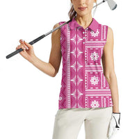 Fiji Masi All Pink Women Sleeveless Polo Shirt Tapa Pattern - Polynesian Pride