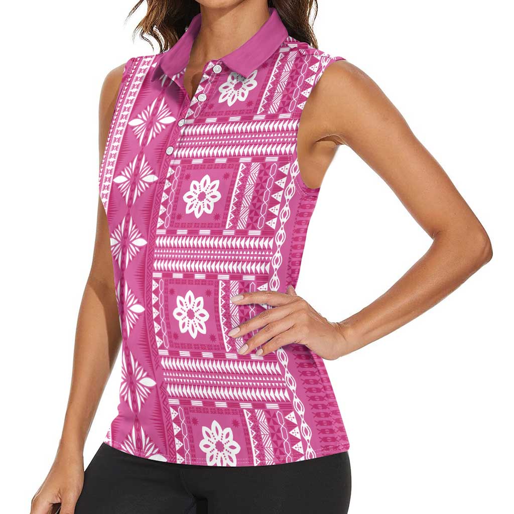 Fiji Masi All Pink Women Sleeveless Polo Shirt Tapa Pattern - Polynesian Pride