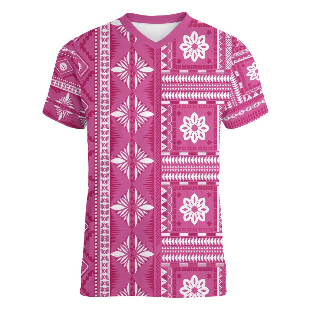 Fiji Masi All Pink Women V-Neck T-Shirt Tapa Pattern - Polynesian Pride