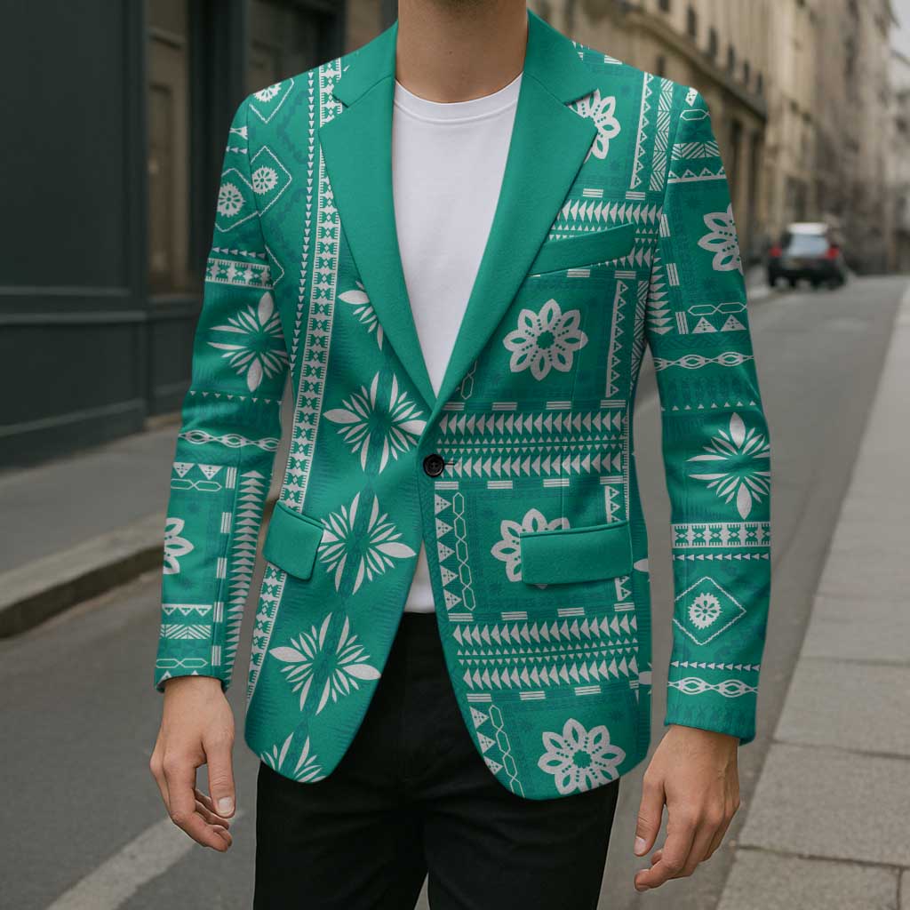 Fiji Masi All Teal Blazer Tapa Pattern LT01 - Polynesian Pride