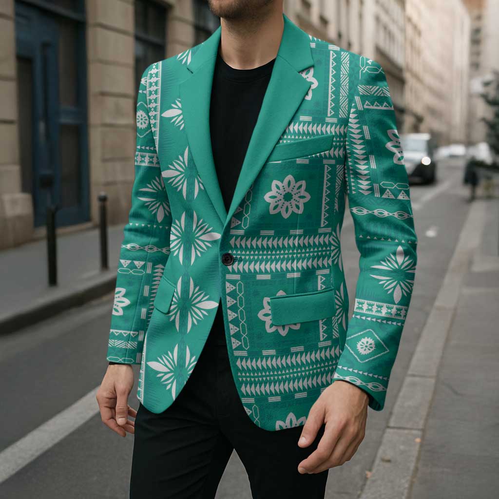 Fiji Masi All Teal Blazer Tapa Pattern LT01 - Polynesian Pride