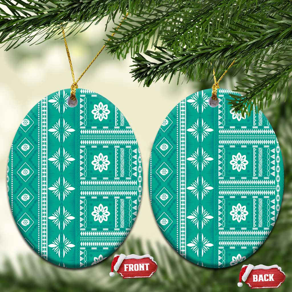 Fiji Masi All Teal Ceramic Ornament Tapa Pattern LT01 Oval Teal - Polynesian Pride