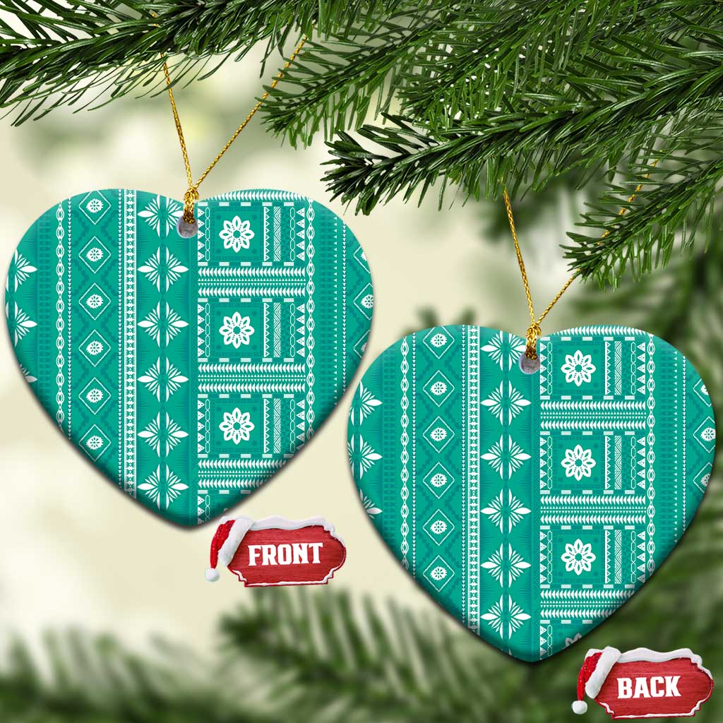 Fiji Masi All Teal Ceramic Ornament Tapa Pattern LT01 Heart Teal - Polynesian Pride