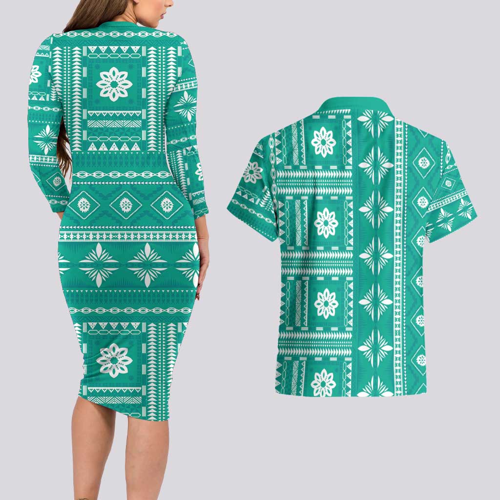 Fiji Masi All Teal Couples Matching Long Sleeve Bodycon Dress and Hawaiian Shirt Tapa Pattern - Polynesian Pride