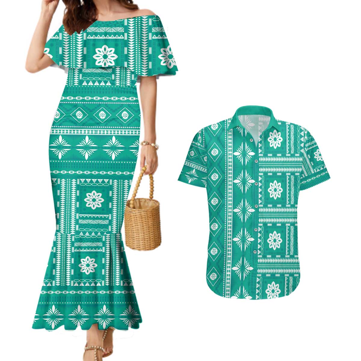 Fiji Masi All Teal Couples Matching Mermaid Dress and Hawaiian Shirt Tapa Pattern - Polynesian Pride