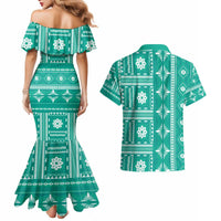 Fiji Masi All Teal Couples Matching Mermaid Dress and Hawaiian Shirt Tapa Pattern - Polynesian Pride