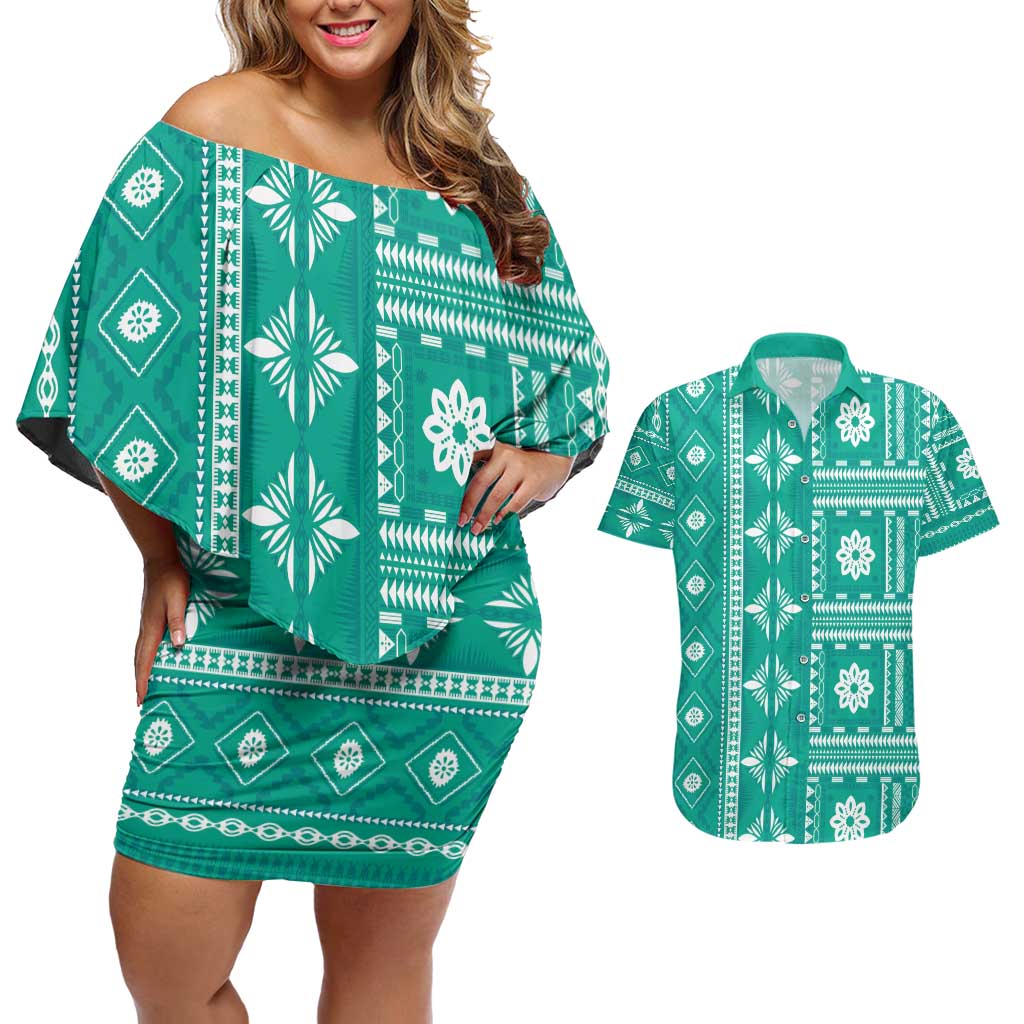 Fiji Masi All Teal Couples Matching Off Shoulder Short Dress and Hawaiian Shirt Tapa Pattern - Polynesian Pride
