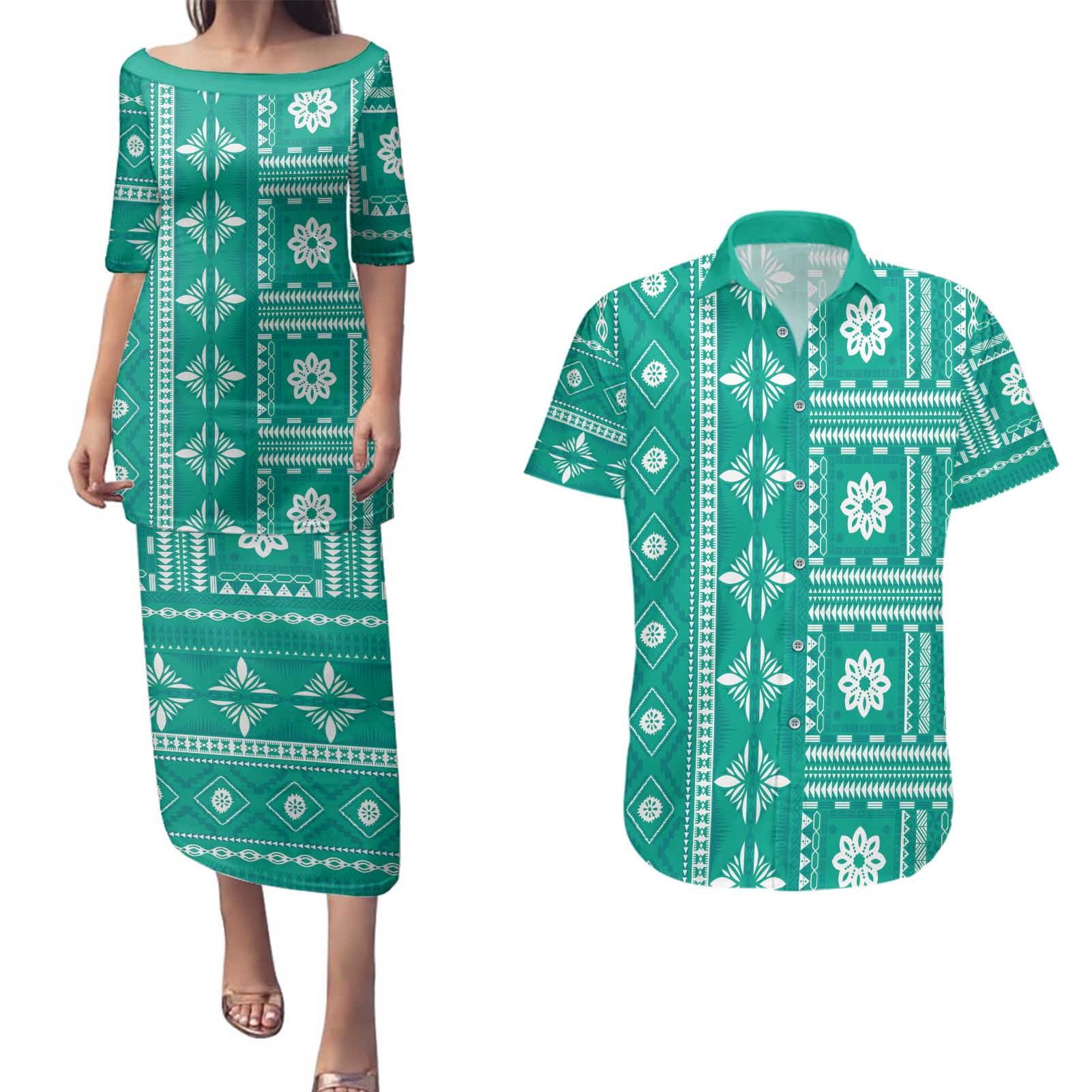 Fiji Masi All Teal Couples Matching Puletasi and Hawaiian Shirt Tapa Pattern - Polynesian Pride