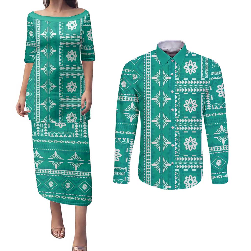 Fiji Masi All Teal Couples Matching Puletasi and Long Sleeve Button Shirt Tapa Pattern - Polynesian Pride