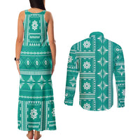 Fiji Masi All Teal Couples Matching Tank Maxi Dress and Long Sleeve Button Shirt Tapa Pattern - Polynesian Pride