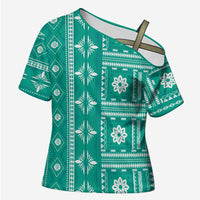 Fiji Masi All Teal Cross Shoulder Shirt Tapa Pattern - Polynesian Pride