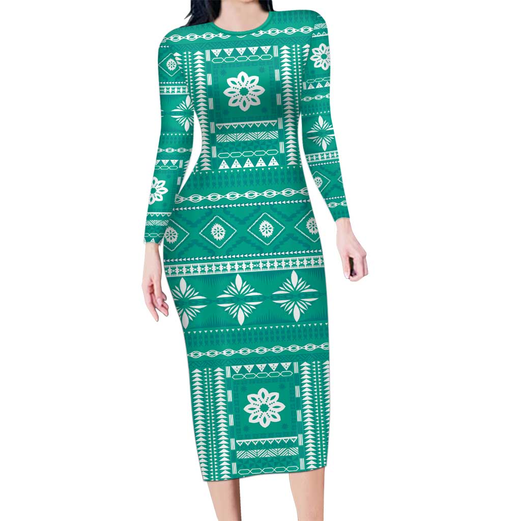 Fiji Masi All Teal Family Matching Long Sleeve Bodycon Dress and Hawaiian Shirt Tapa Pattern - Polynesian Pride