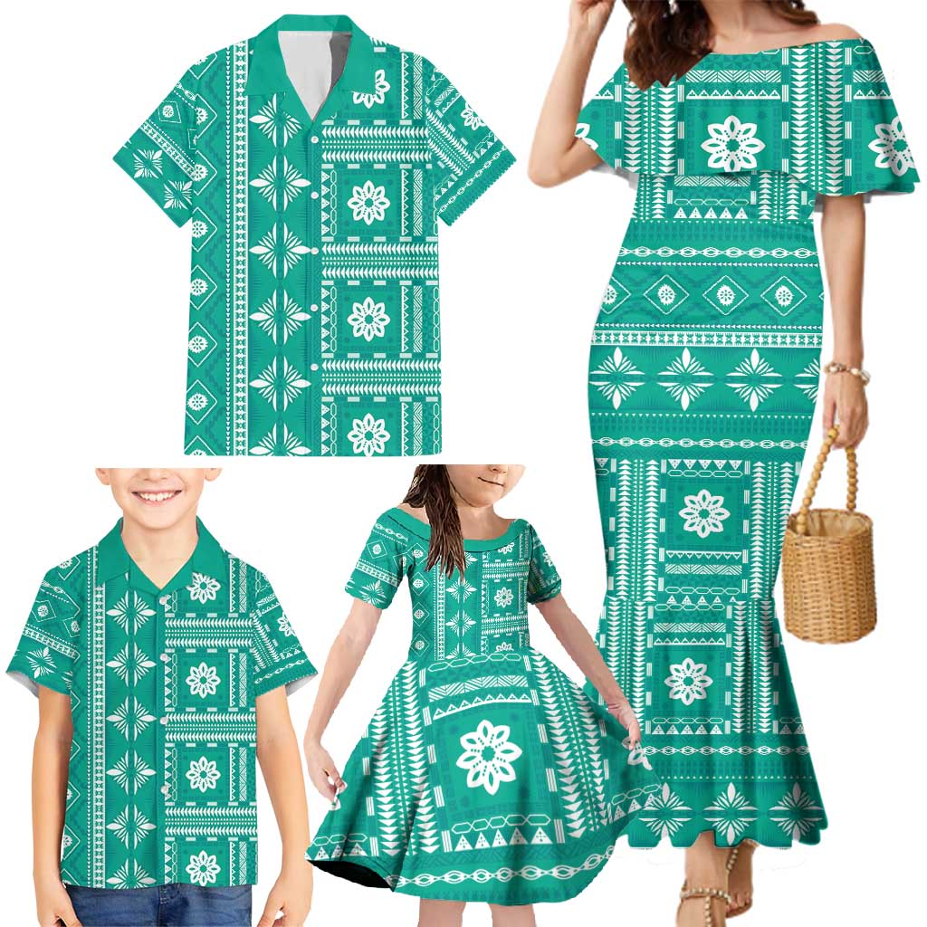 Fiji Masi All Teal Family Matching Mermaid Dress and Hawaiian Shirt Tapa Pattern - Polynesian Pride