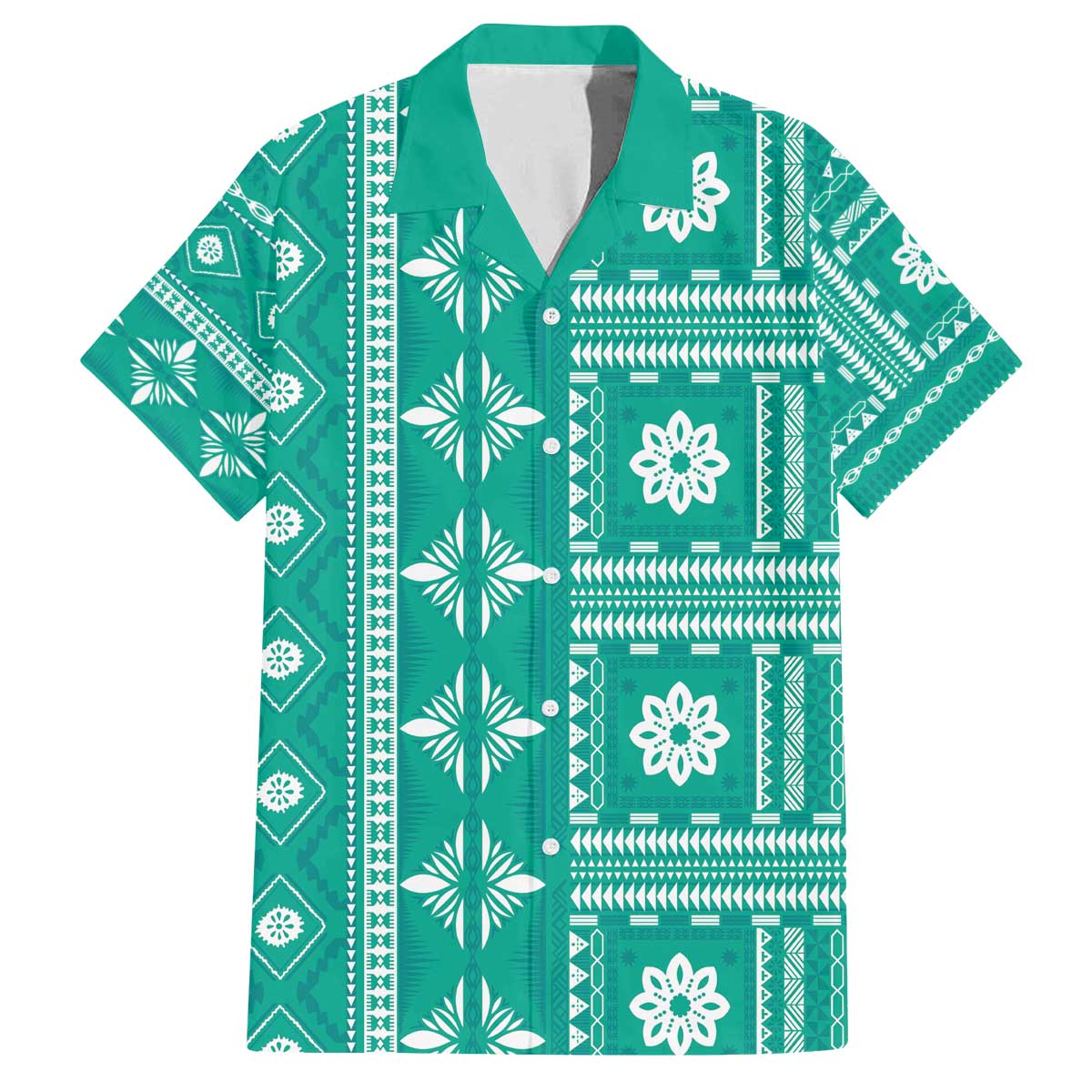 Fiji Masi All Teal Family Matching Off The Shoulder Long Sleeve Dress and Hawaiian Shirt Tapa Pattern - Polynesian Pride