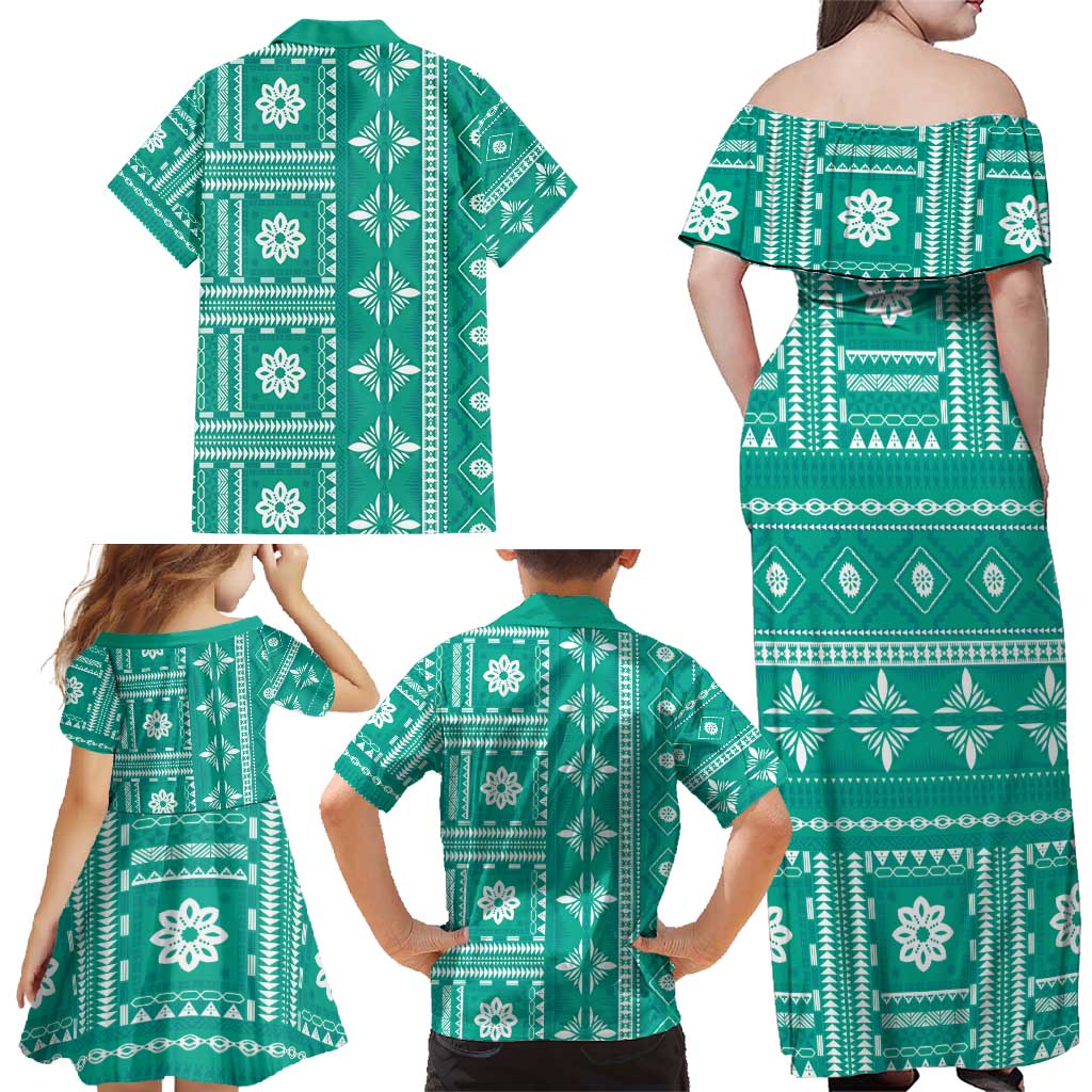 Fiji Masi All Teal Family Matching Off Shoulder Maxi Dress and Hawaiian Shirt Tapa Pattern - Polynesian Pride