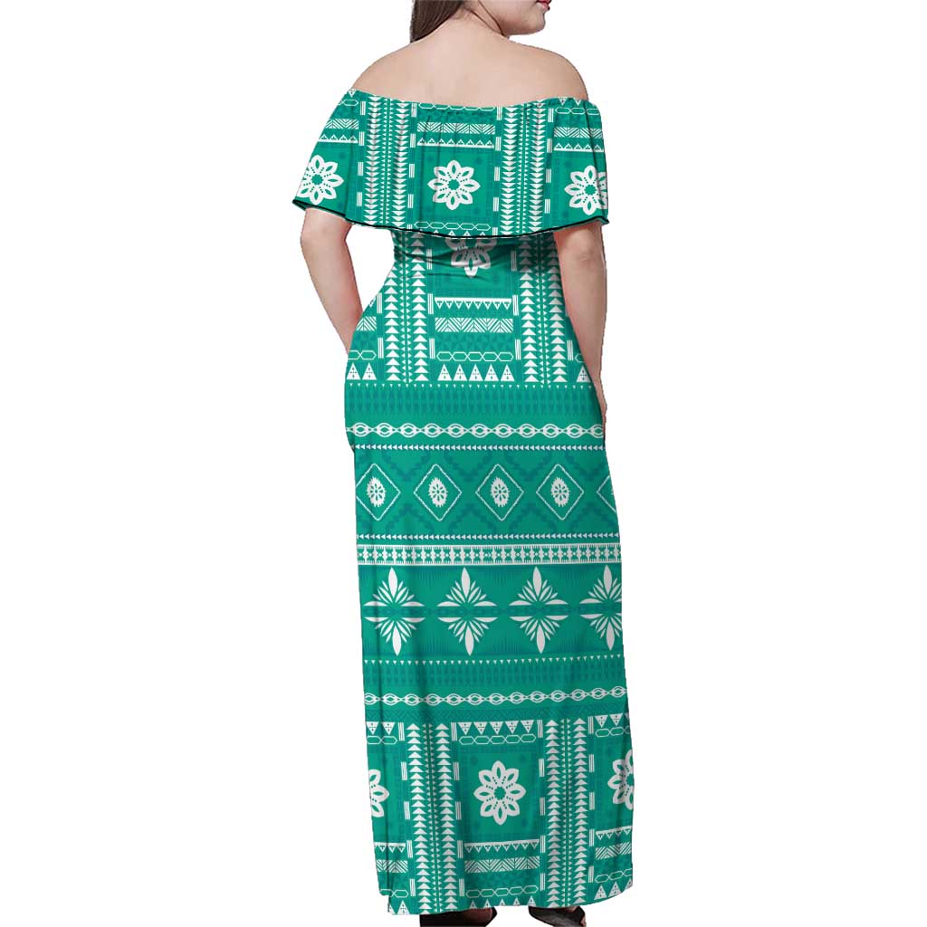 Fiji Masi All Teal Family Matching Off Shoulder Maxi Dress and Hawaiian Shirt Tapa Pattern - Polynesian Pride