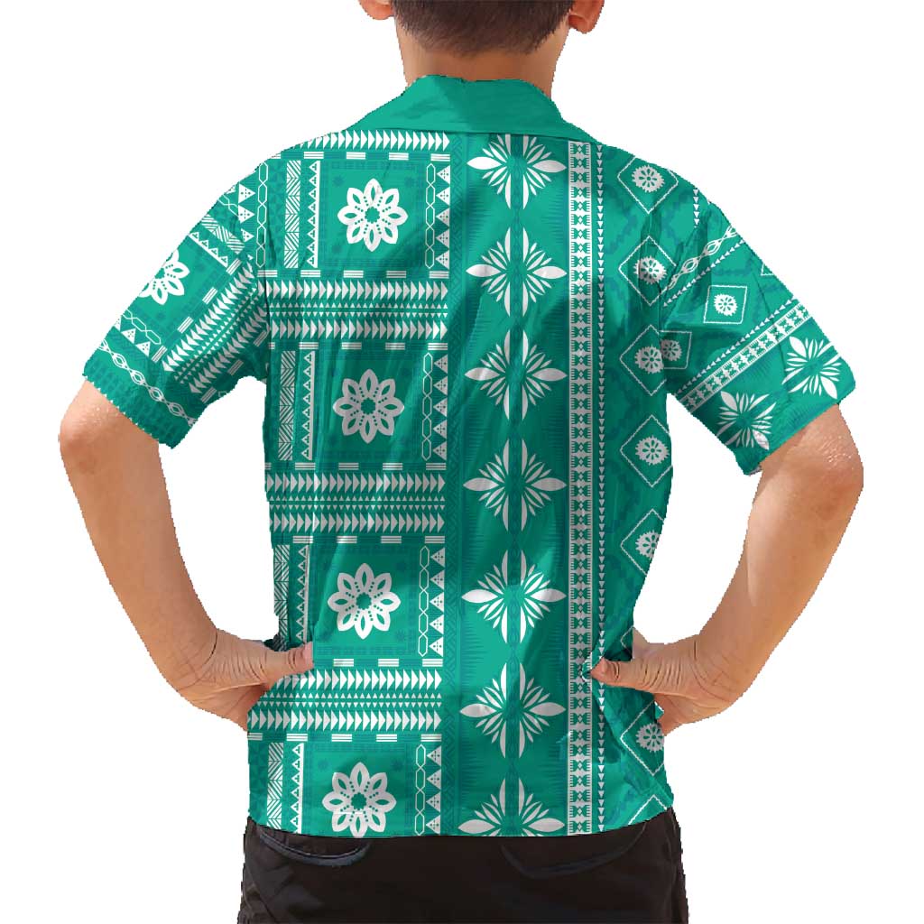 Fiji Masi All Teal Family Matching Off Shoulder Short Dress and Hawaiian Shirt Tapa Pattern - Polynesian Pride