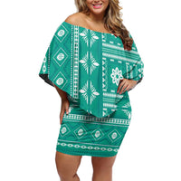 Fiji Masi All Teal Family Matching Off Shoulder Short Dress and Hawaiian Shirt Tapa Pattern - Polynesian Pride