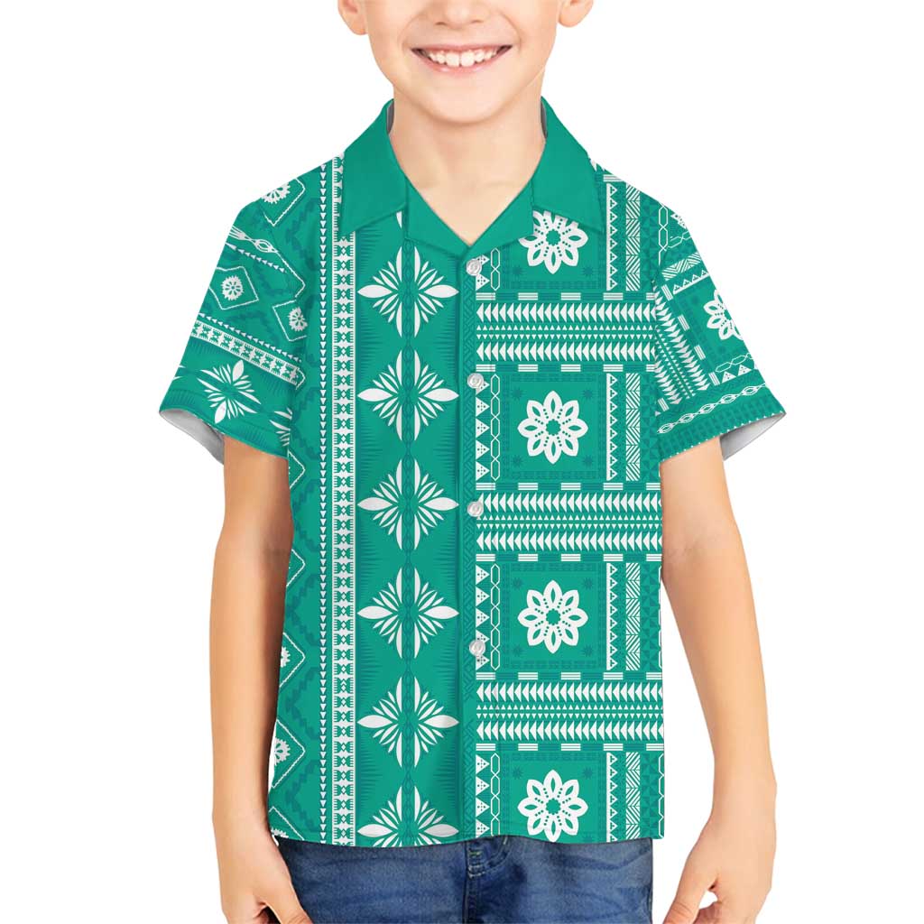 Fiji Masi All Teal Family Matching Off Shoulder Short Dress and Hawaiian Shirt Tapa Pattern - Polynesian Pride
