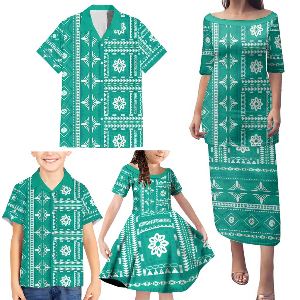 Fiji Masi All Teal Family Matching Puletasi and Hawaiian Shirt Tapa Pattern - Polynesian Pride