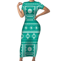 Fiji Masi All Teal Family Matching Short Sleeve Bodycon Dress and Hawaiian Shirt Tapa Pattern - Polynesian Pride