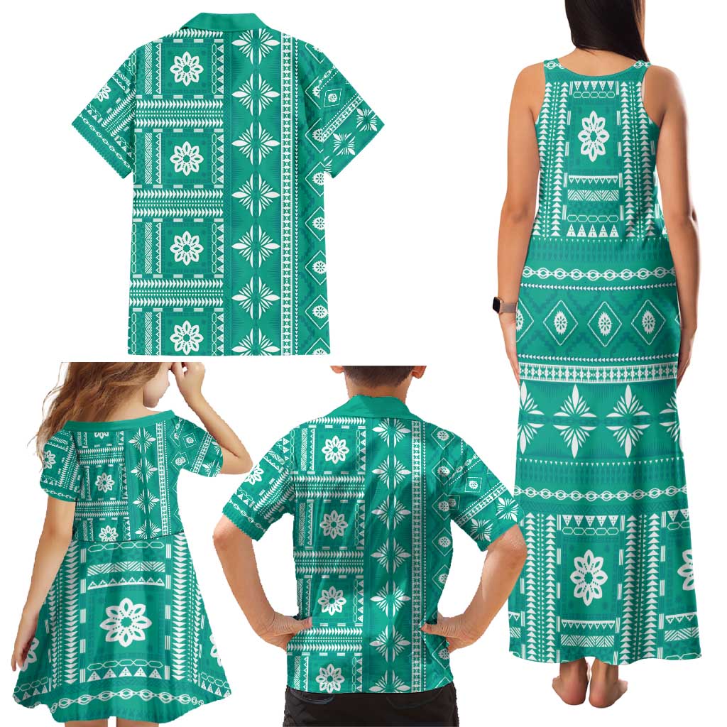 Fiji Masi All Teal Family Matching Tank Maxi Dress and Hawaiian Shirt Tapa Pattern - Polynesian Pride