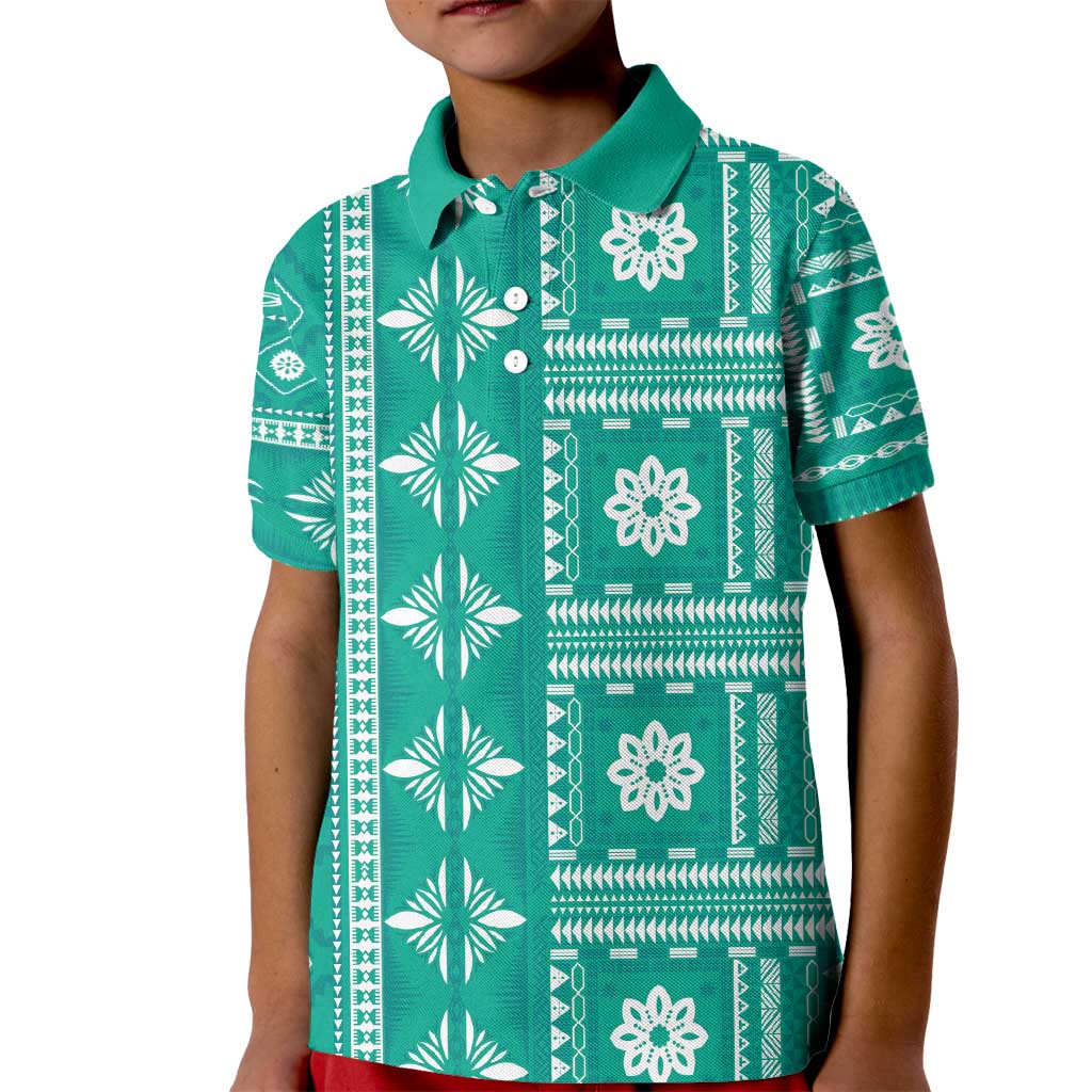 Fiji Masi All Teal Kid Polo Shirt Tapa Pattern - Polynesian Pride
