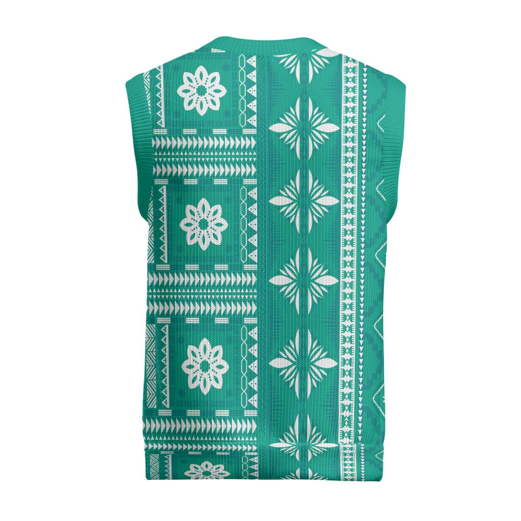Fiji Masi All Teal Christmas Knitted V-Neck Vest Tapa Pattern - Polynesian Pride