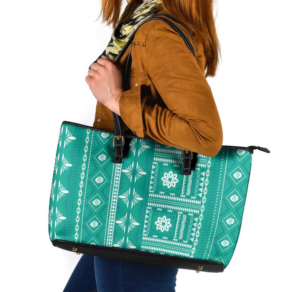 Fiji Masi All Teal Leather Tote Bag Tapa Pattern - Polynesian Pride