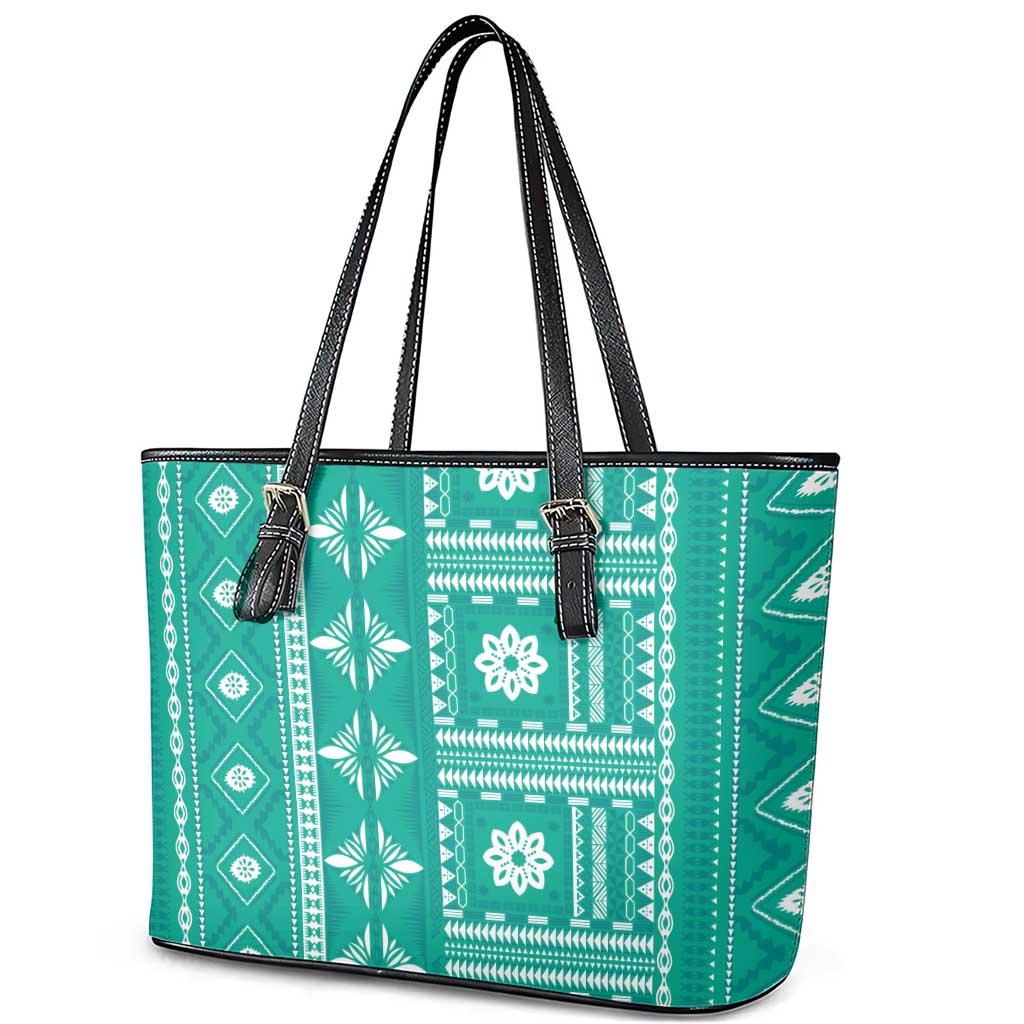 Fiji Masi All Teal Leather Tote Bag Tapa Pattern - Polynesian Pride
