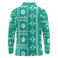 Fiji Masi All Teal Long Sleeve Polo Shirt Tapa Pattern - Polynesian Pride