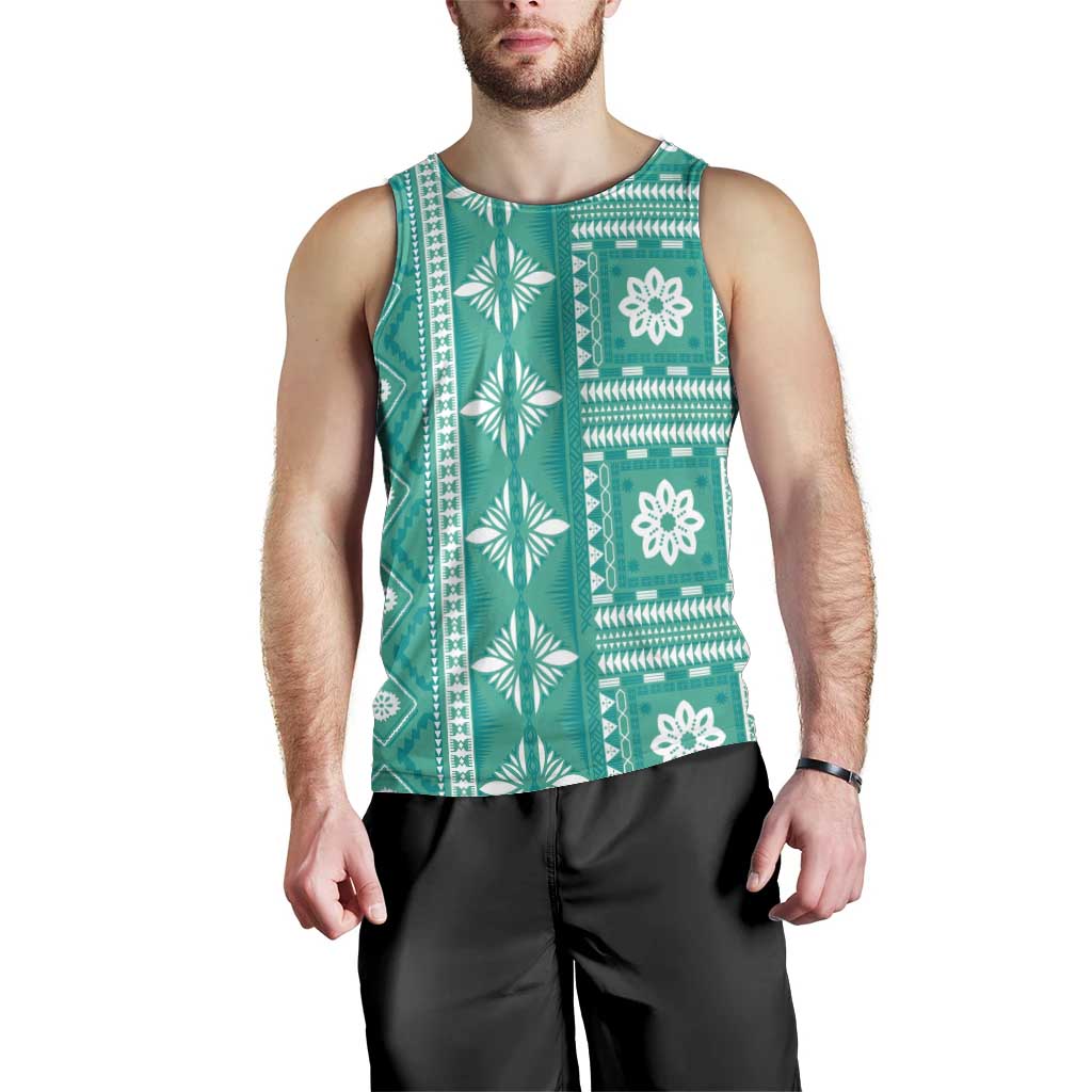 Fiji Masi All Teal Men Tank Top Tapa Pattern - Polynesian Pride