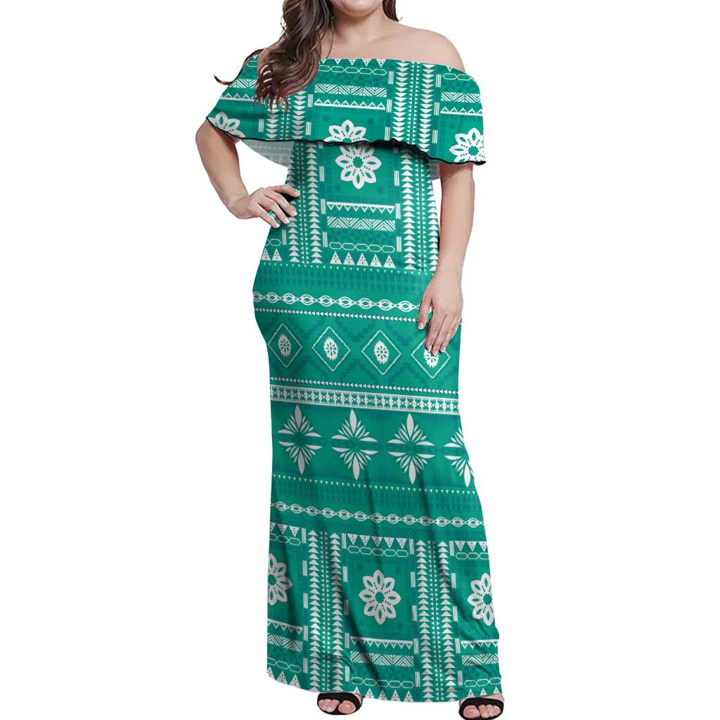 Fiji Masi All Teal Off Shoulder Maxi Dress Tapa Pattern - Polynesian Pride