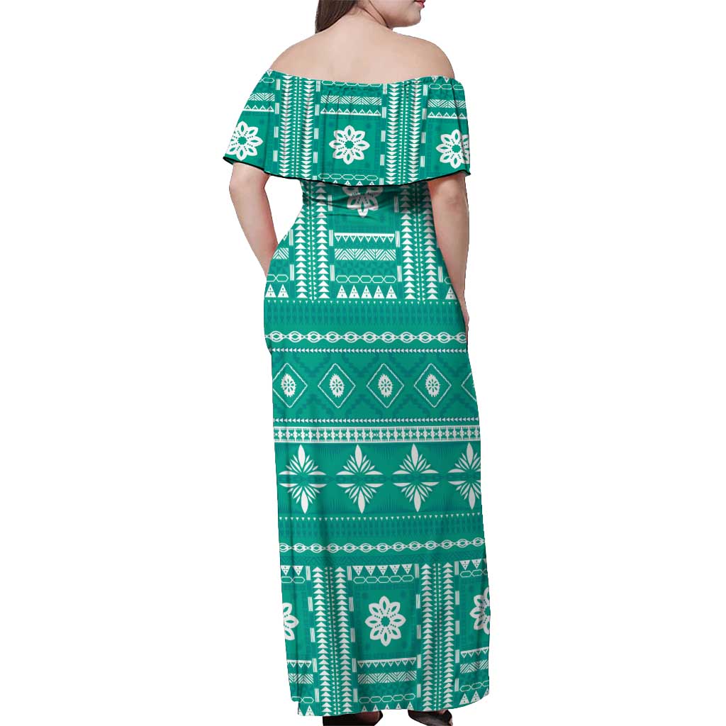 Fiji Masi All Teal Off Shoulder Maxi Dress Tapa Pattern - Polynesian Pride