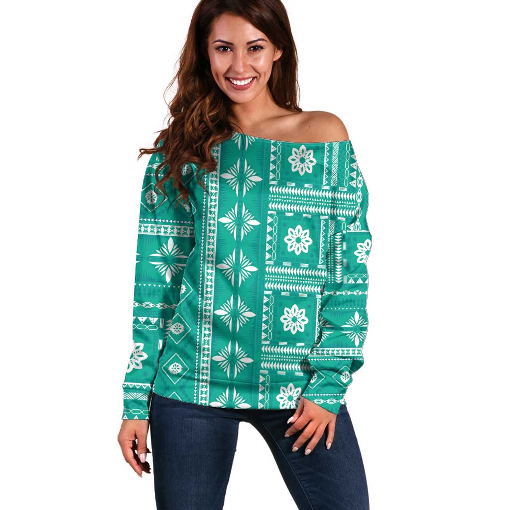 Fiji Masi All Teal Off Shoulder Sweater Tapa Pattern - Polynesian Pride