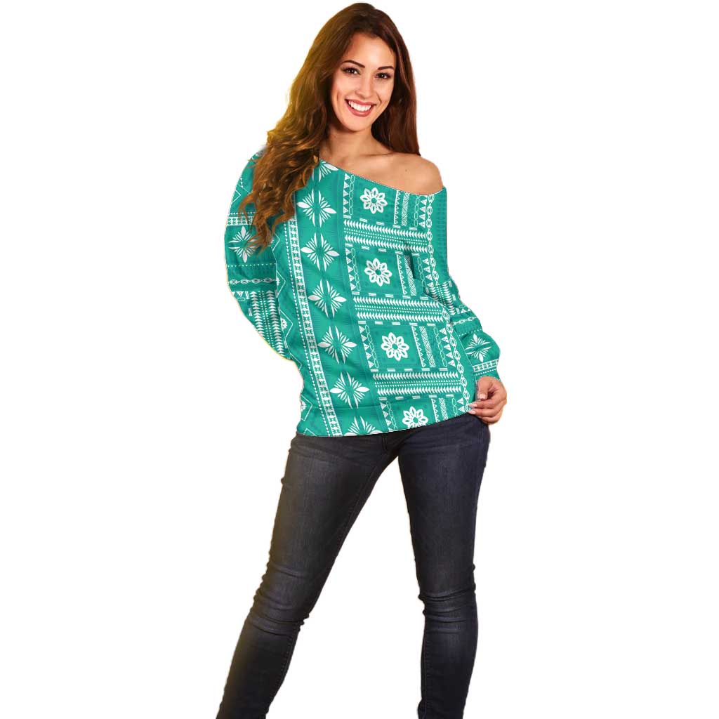 Fiji Masi All Teal Off Shoulder Sweater Tapa Pattern - Polynesian Pride