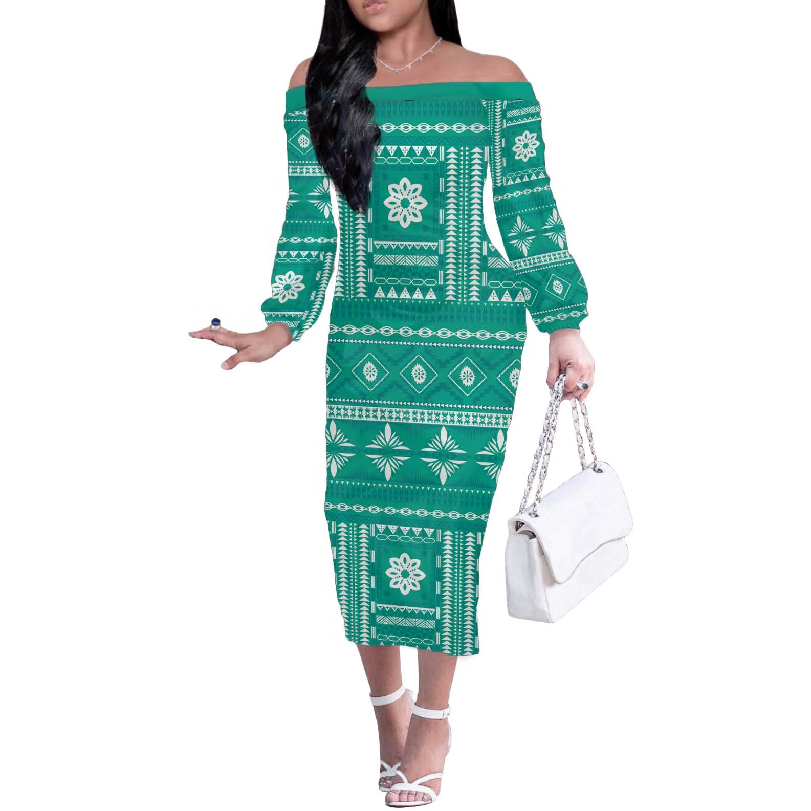 Fiji Masi All Teal Off The Shoulder Long Sleeve Dress Tapa Pattern - Polynesian Pride