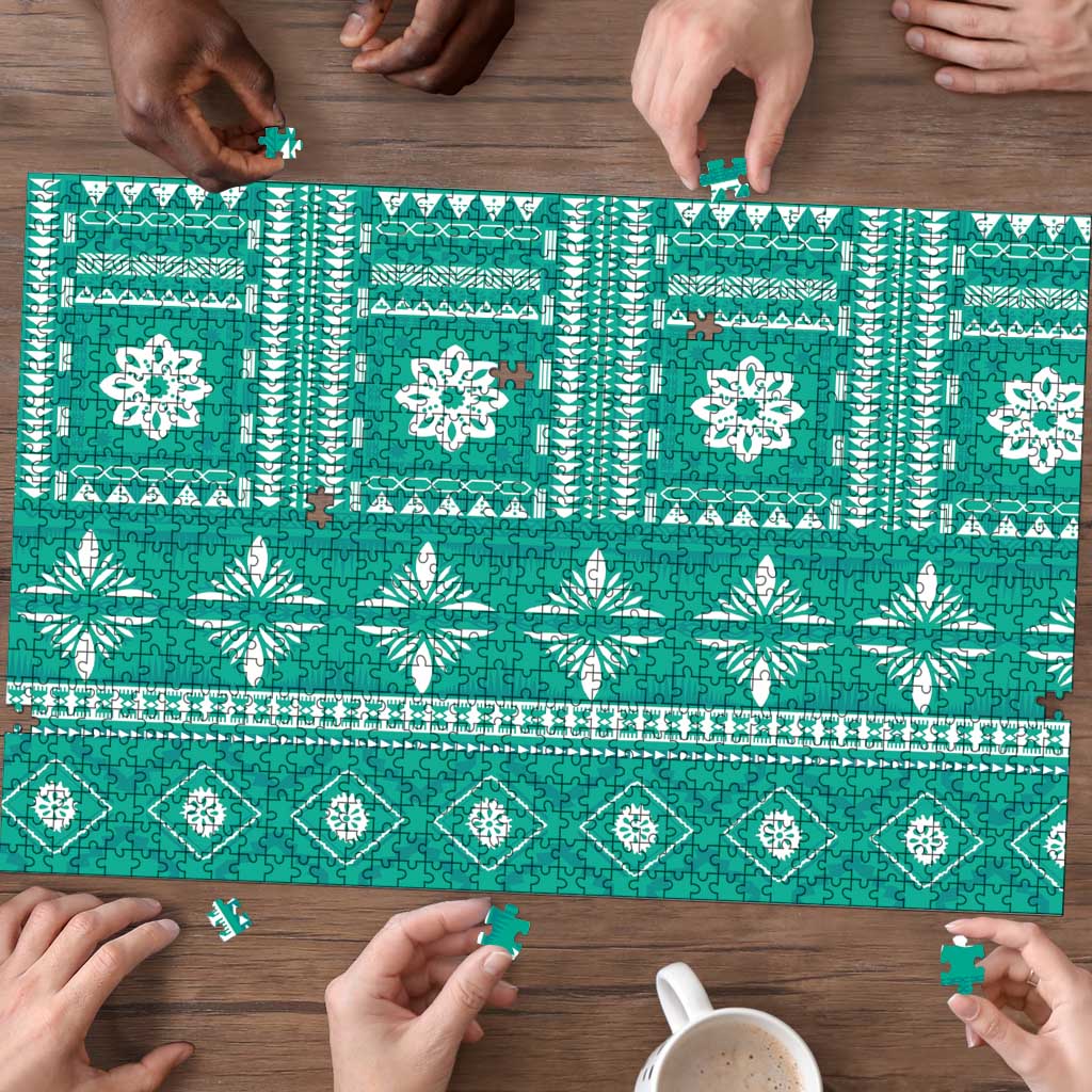 Fiji Masi All Teal Puzzle Tapa Pattern - Polynesian Pride