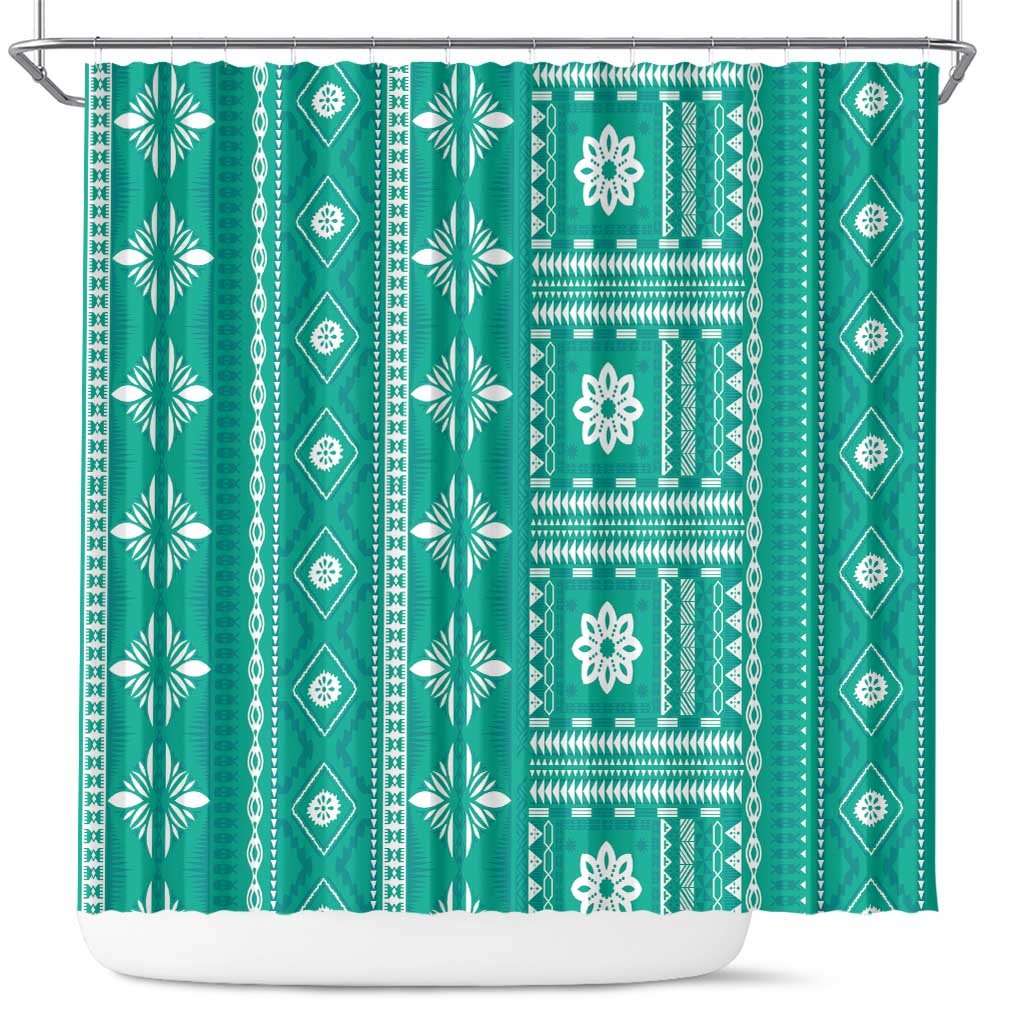 Fiji Masi All Teal Shower Curtain Tapa Pattern - Polynesian Pride