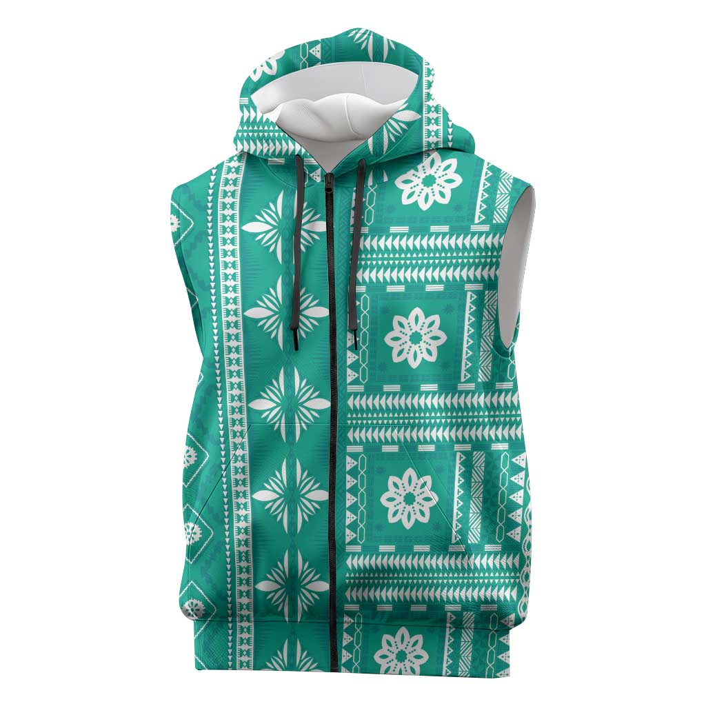 Fiji Masi All Teal Sleeveless Zip Hoodie Tapa Pattern LT01 Teal - Polynesian Pride