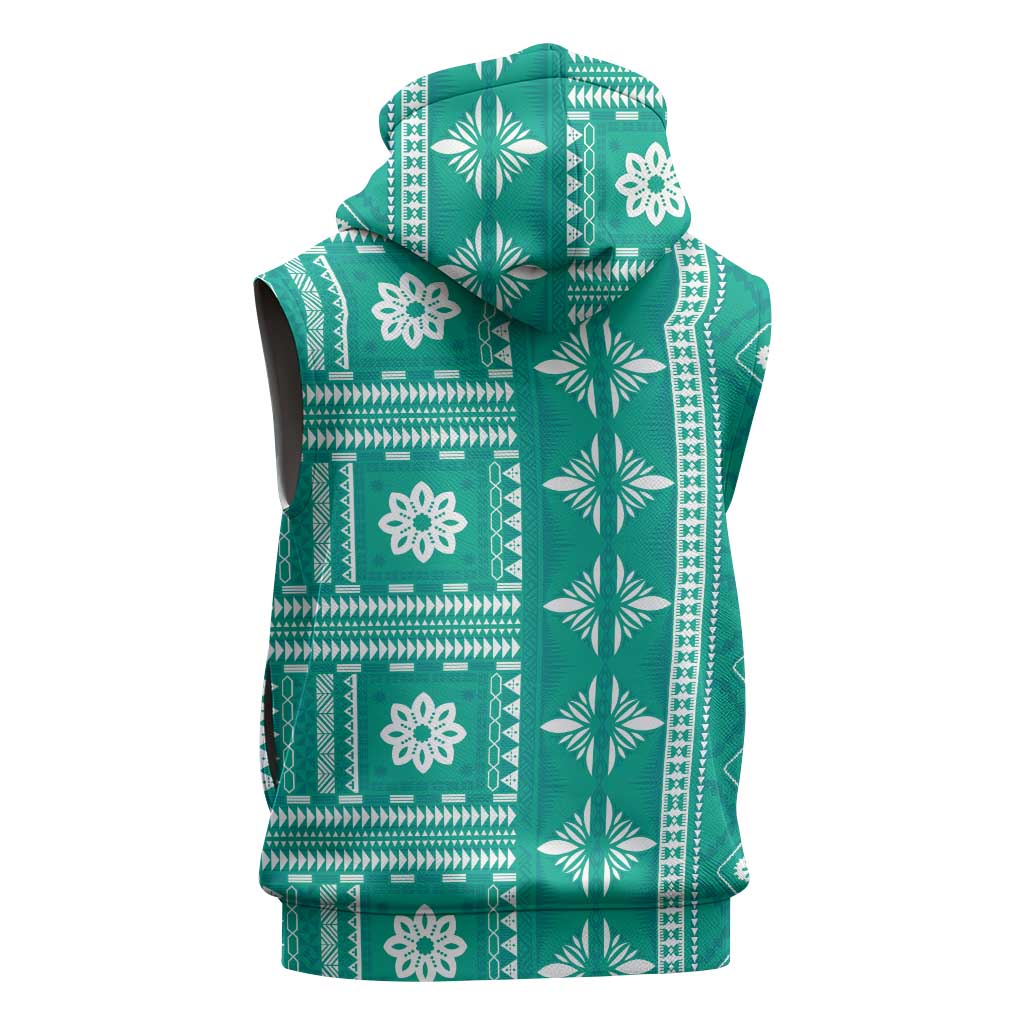 Fiji Masi All Teal Sleeveless Zip Hoodie Tapa Pattern LT01 - Polynesian Pride
