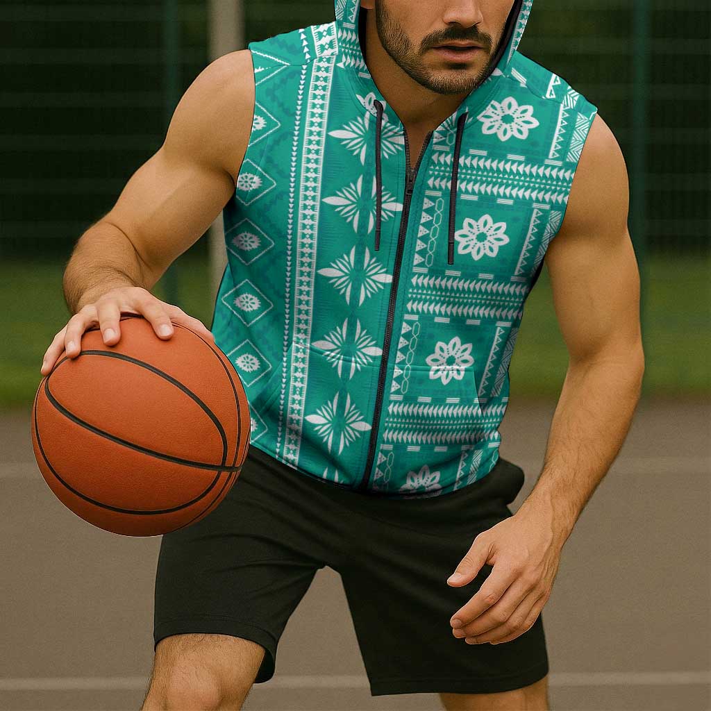 Fiji Masi All Teal Sleeveless Zip Hoodie Tapa Pattern LT01 - Polynesian Pride